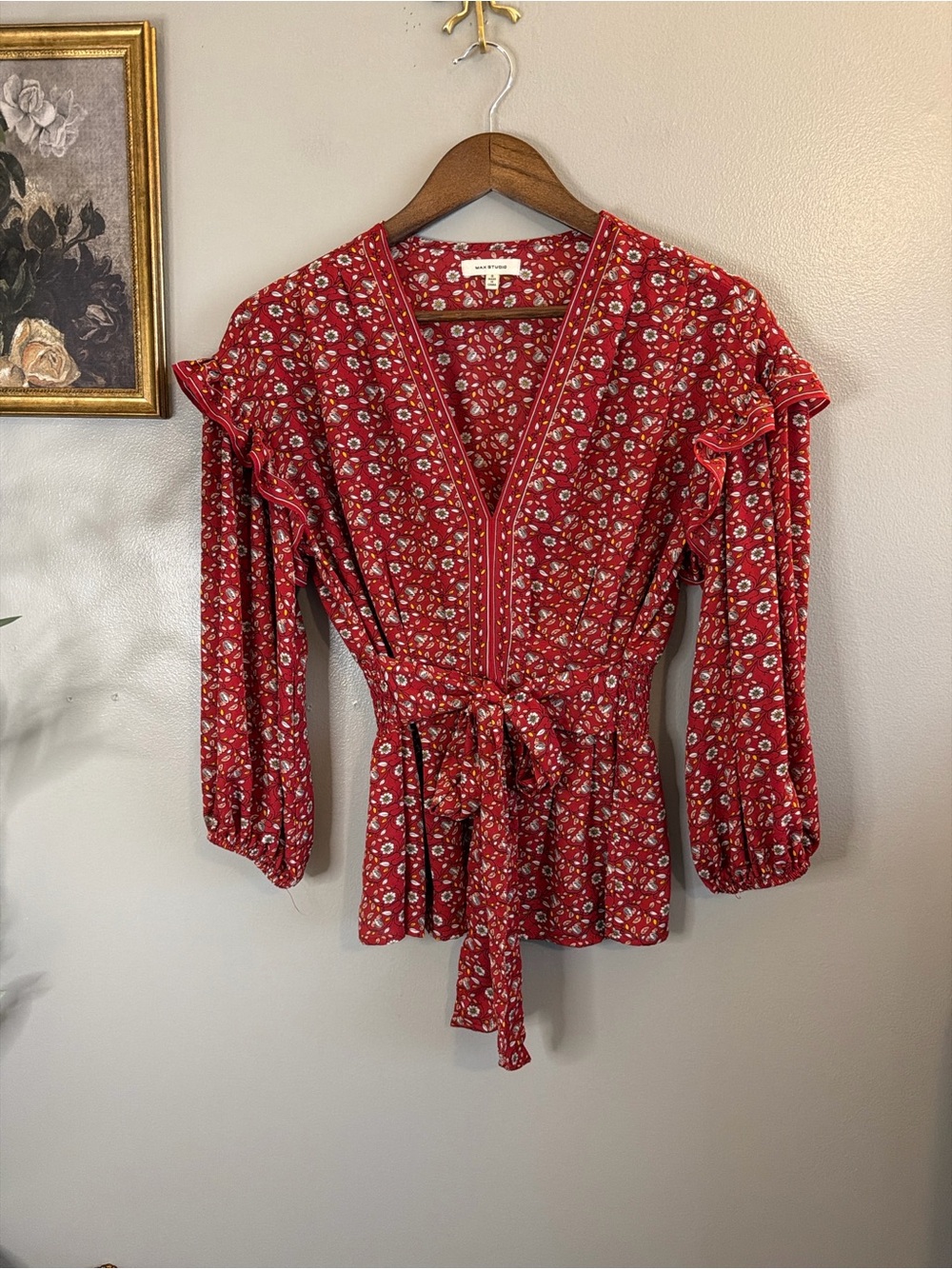 Max Studio Floral Tie Waist Peplum Blouse Red Ruffle Sleeve Boho Top Small - Picture 3 of 8
